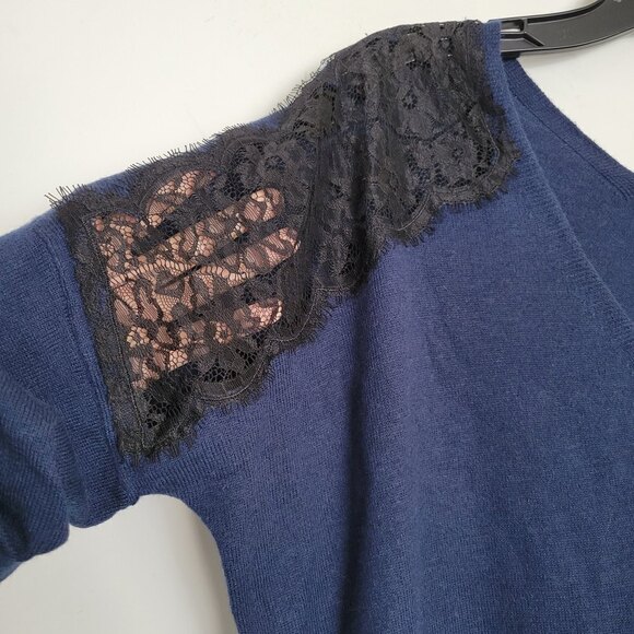 NEW Express Wool V Neck Long Sleeve Pullover Sweater Black Lace Shoulder Large - Picture 7 of 15